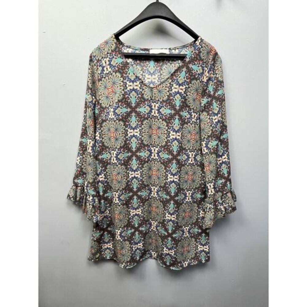Tilly Anne Dress‎ Womens small multi colored shift ruffled 3/4 sleeves